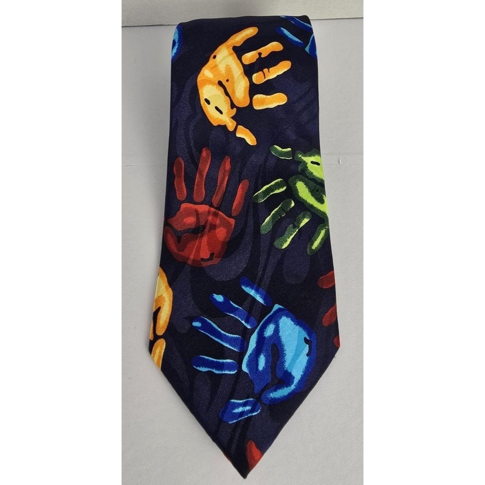 Steven Harris Mens Handprint Art Necktie Navy Blue Multi Color Handmade Tie